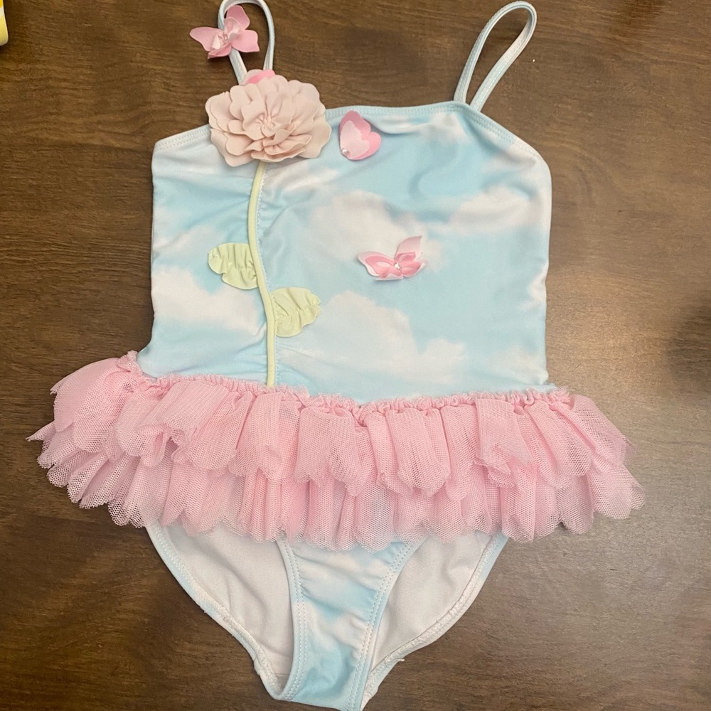 Kate Mack Sky Blue and Pink Tulle Kids Swim One Piece